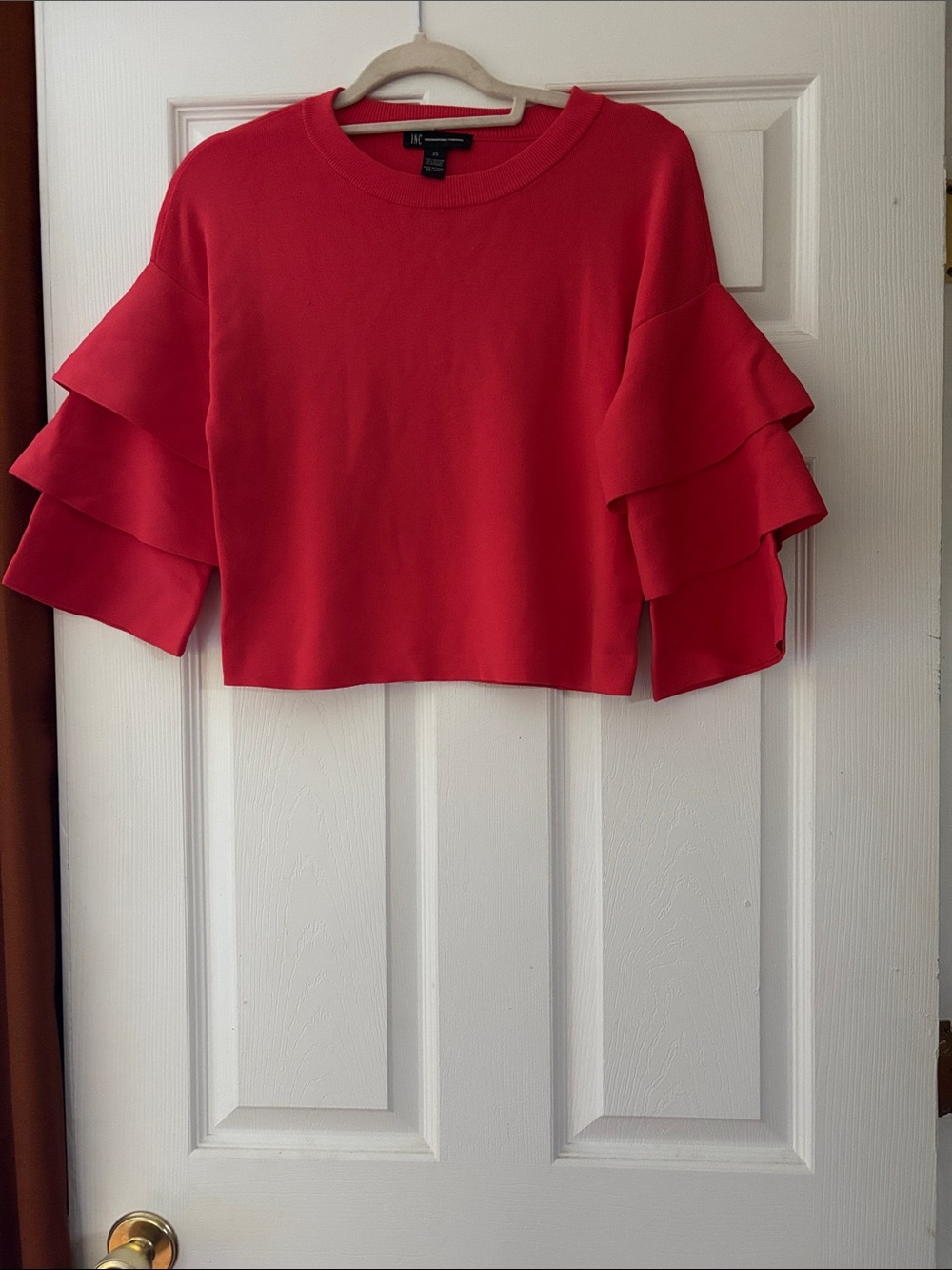 INC International Concepts Red Cropped Sweatshirt with Tiered Ruffle Sleeves